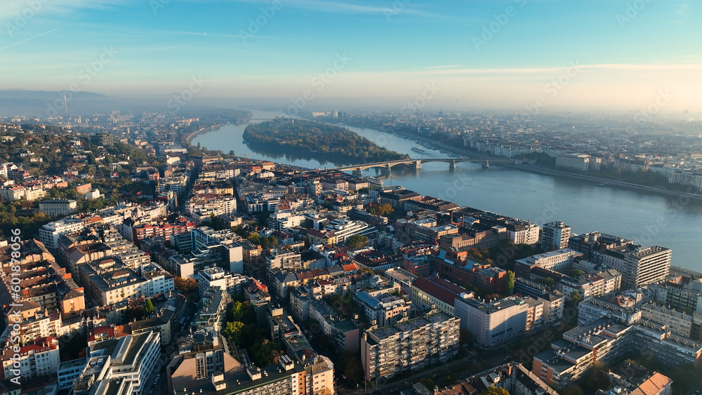 Obraz premium Budapest city sunrise skyline, aerial view. Danube river, Buda side, Hungary