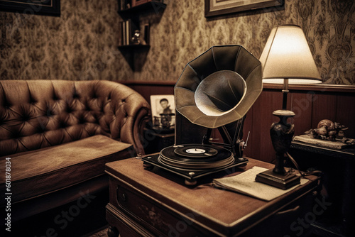 gramophone next to vintage psychoanalyst's couch - generative AI