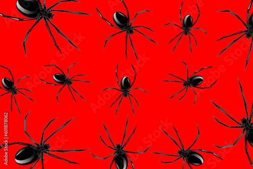 Abstract background with spiders. Black widow spiders scattered on a red background. The concept of poisonous animals	