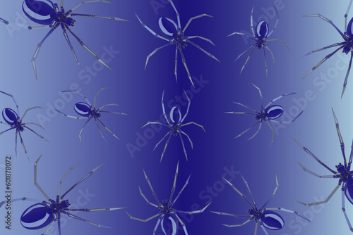 Abstract background with spiders. Black widow spiders scattered on a violet background. The concept of poisonous animals	