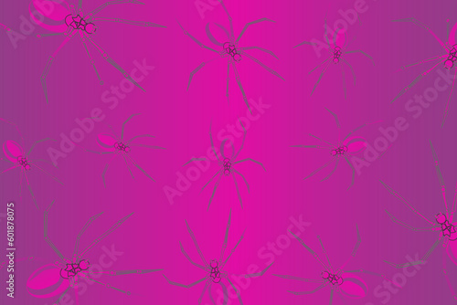 Abstract background with spiders. Black widow spiders scattered on a purple background. The concept of poisonous animals