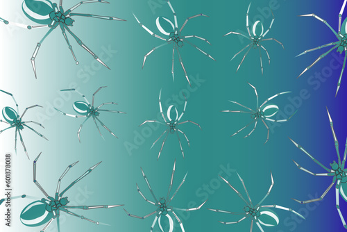 Abstract background with spiders. Black widow spiders scattered on a green background. The concept of poisonous animals	