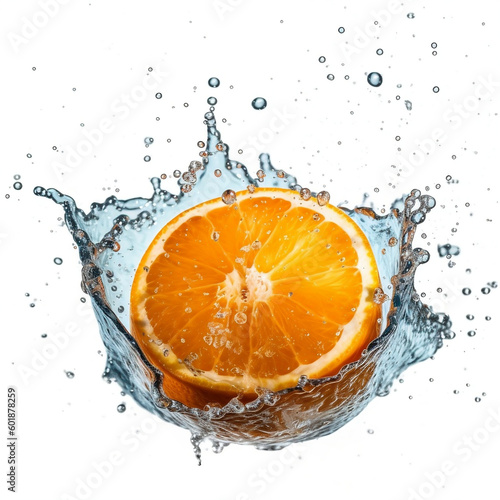 Orange splashing into water on a white background