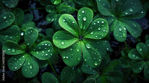 Clover leaves in the rain with water drops, generative ai