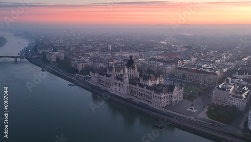 Aerial view of Hungarian Parliament Building at sunrise with the Danube river, in Budapest, Hungary