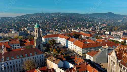Aerial view of Budapest city skyline. Church of Mary Magdalene of Buda, one of the oldest churches of the Varkerulet District, Buda Castle District