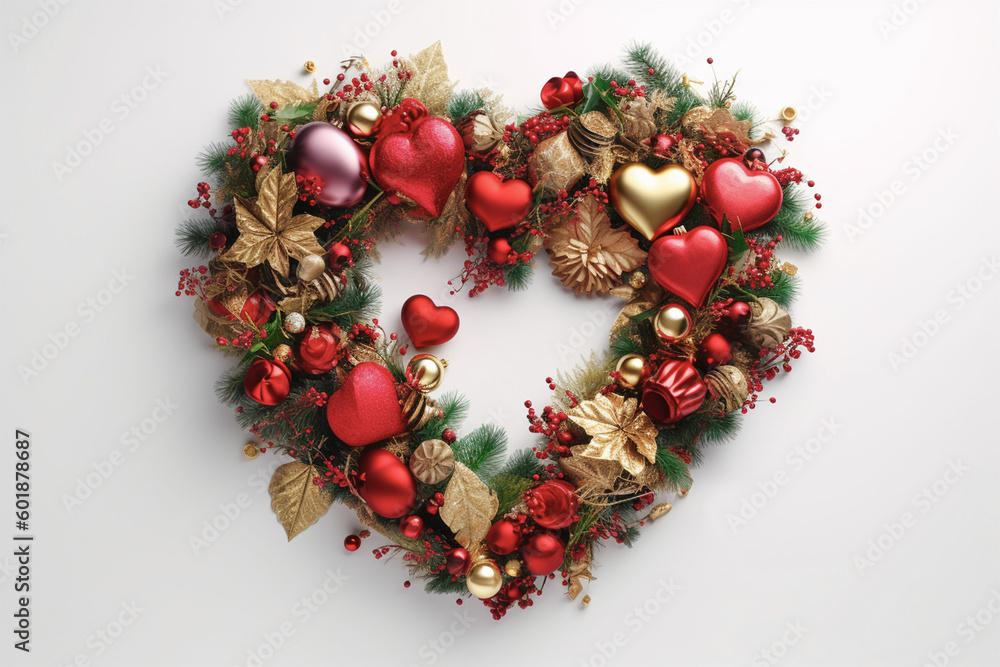 Heart shaped wreath created with Christmas decorations on isolated background.Top view.Copy and text space.Created with generative ai Heart shaped wreath created with Christmas decorations on isolated background.Top view.Copy and text space.Created with generative ai