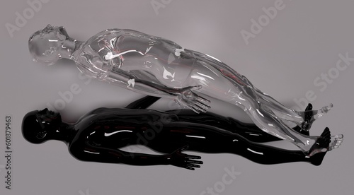 Surreal conceptual 3D illustration of astral projection, a human and a soul.