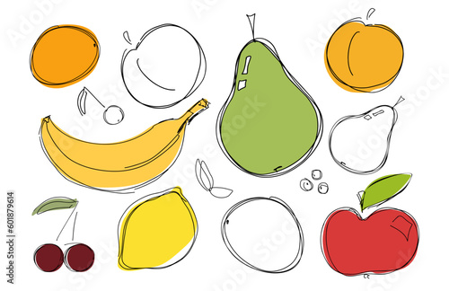 Food, abstract set of fruits and citrus. Colored doodles on a white background. Vector illustration for poster, coloring book.