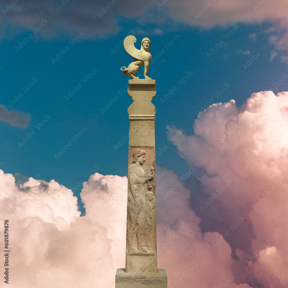 Sphinx on a tall column on a cloudy day. Mixed media collage art. 