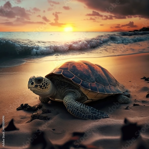 beautiful turtle on a beach at sunset, generative AI