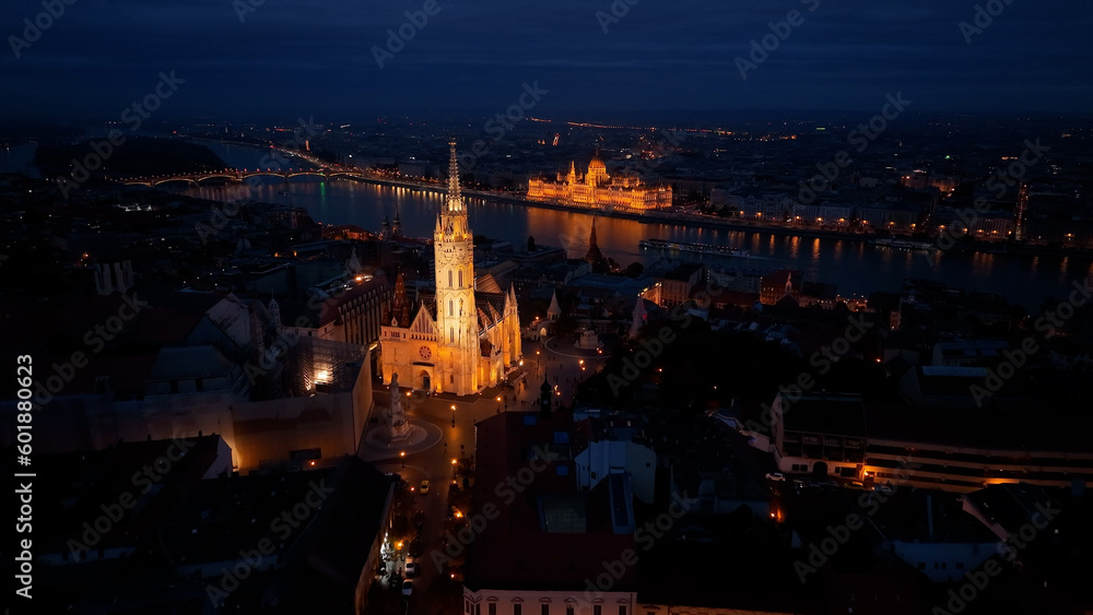 Aerial view of Budapest Hungarian Parliament Building, Matthias church, Fishermans Bastion and River Danube at night, Hungary