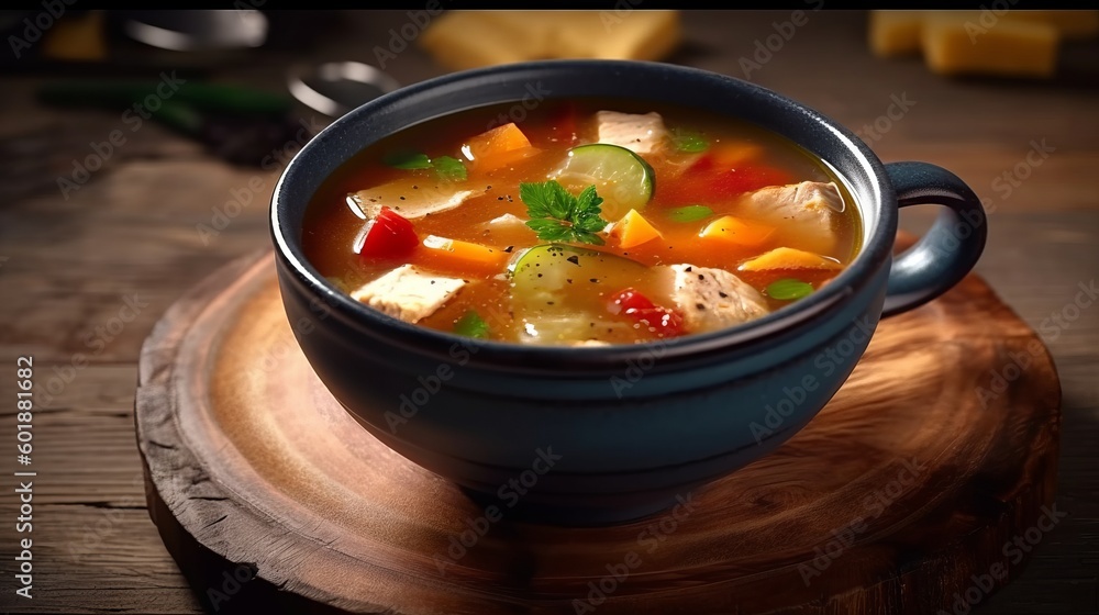 Tasty vegetable soup with chicken fillet. Generative AI - obrazy, fototapety, plakaty 