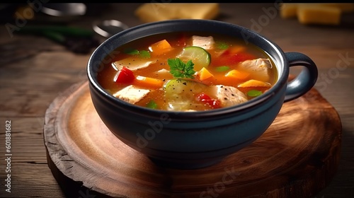 Fotografia Tasty vegetable soup with chicken fillet. Generative AI