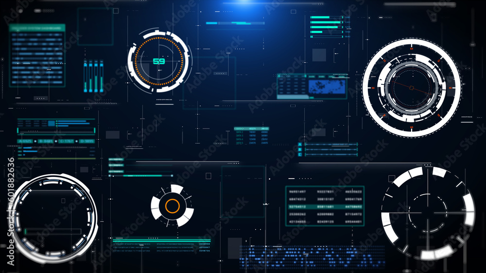 HUD futuristic spinning circle crosshair element with digital data, chart for business development, game, technology illustration.