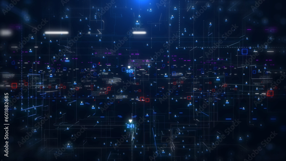 Digital technology big data connection fly through loop. Abstract simple geometric shape with binary number code illustration background. Digital technology big data connection fly through loop. Abstract simple geometric shape with binary number code illustration background.