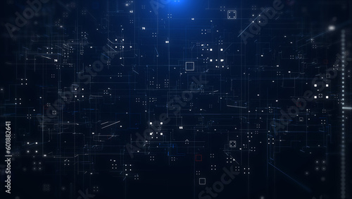 Technology digital line corner structure cyber data network connection concept. Abstract 3d futuristic fly trough areal view illustration background