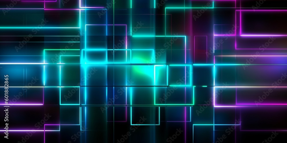 Dynamic Kinetic Green Lights and Lines on Dark Background, Turquoise and Purple Accents, Generative AI