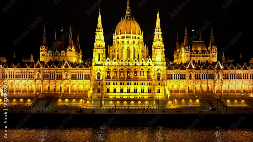 Obraz premium Aerial view of Budapest Hungarian Parliament Building at night. Travel, tourism and European Political Landmark Destination, Hungary