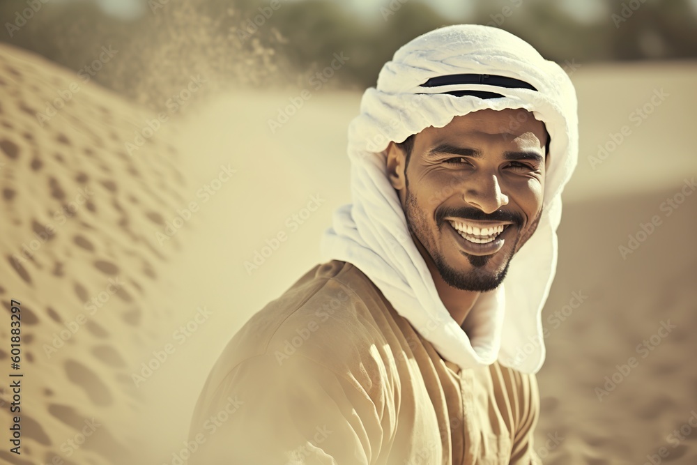 Young handsome man in the desert with Arabian features, smiling model. Ai generated. Young handsome man in the desert with Arabian features, smiling model. Ai generated.