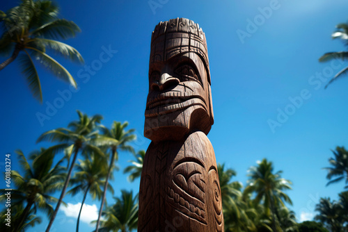 Tiki sculpture engraved in the wood Hawaiian religious motifs. Ai generated.