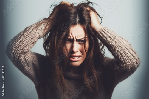 woman is in a state of extreme anxiety and stress, as evidenced by her pulling her hair out. Ai generated.