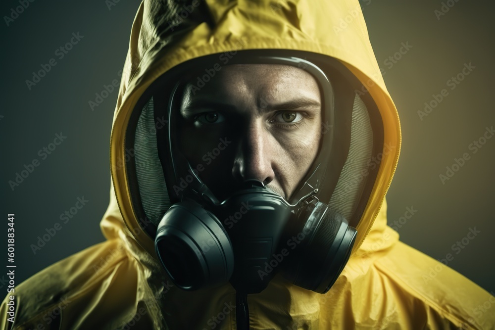 Portrait of a man in a yellow chemical protection suit and air filter mask. Ai generated. Portrait of a man in a yellow chemical protection suit and air filter mask. Ai generated.