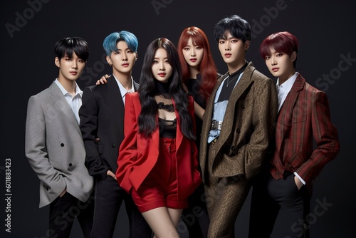 K-pop group posing in studio. Ai generated.