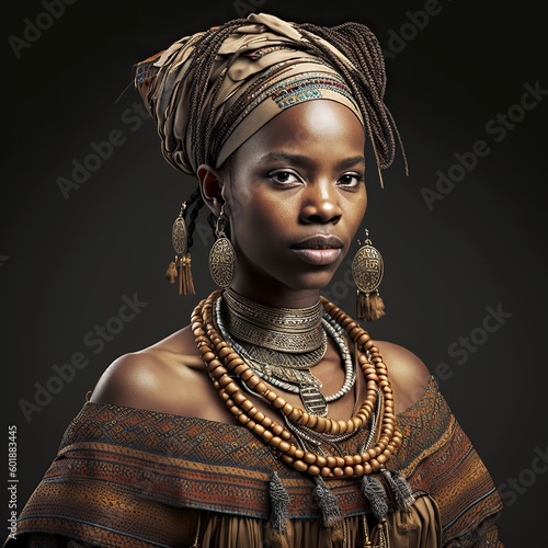 Portrait of a young black-skinned African woman wearing traditional clothing and jewelry, in studio, perfect skin. Ai generated.