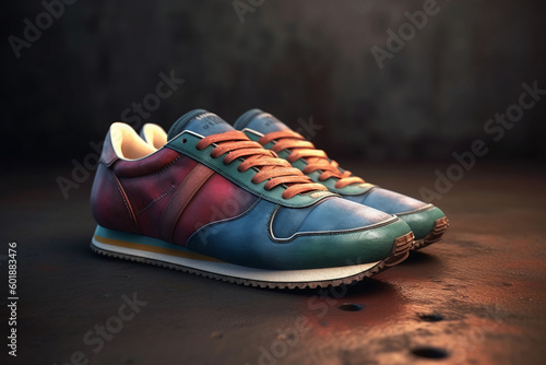 3D Render of Blue and Red Vintage Running Shoes Stylish Antique