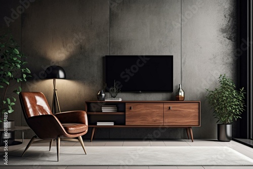 Modern living room with TV on wooden cabinet  leather armchair  and concrete wall. Generative AI