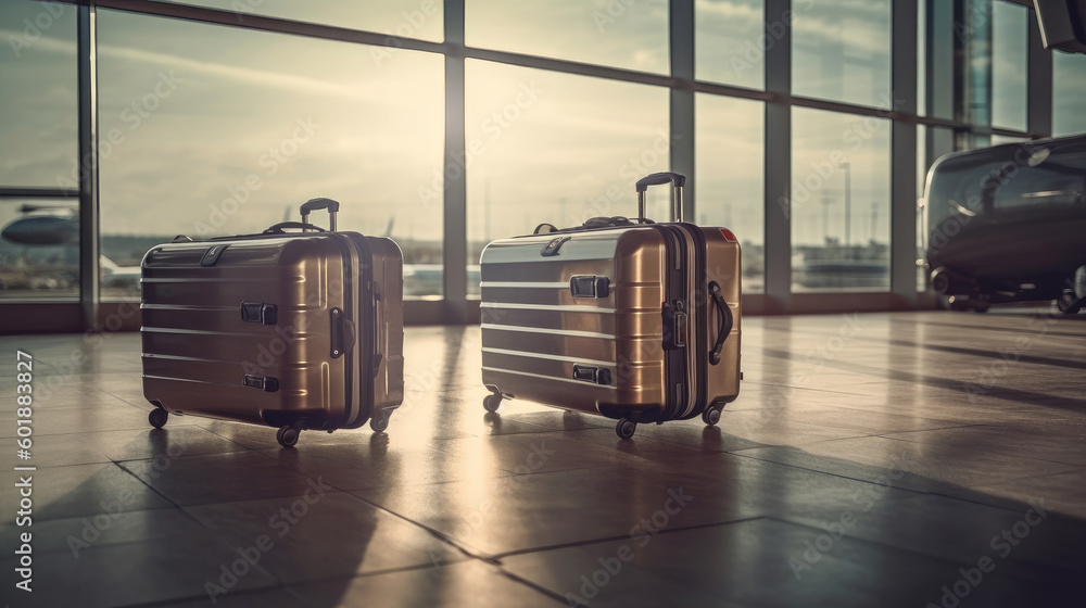 Stylish suitcases standing in empty airport hall, unrecognizable traveller's luggage waiting in terminal, creative banner for air travels or vacation trip. created with Generative AI technology.