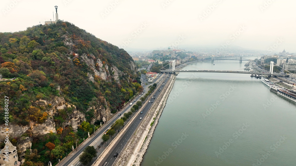 Establishing Aerial View Shot of Budapest, Hungary. Elisabeth Bridge or Erzsebet hid is the third newest bridge of Budapest, connecting Buda and Pest
