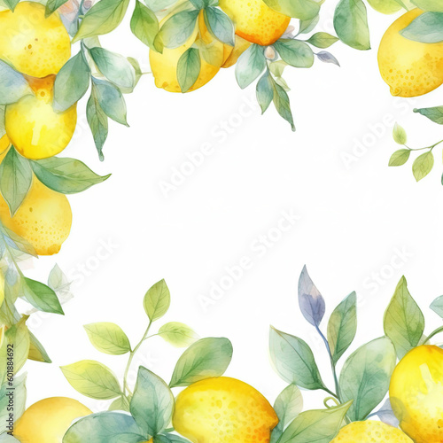 Generative AI. Vintage watercolor border, frame - watercolor drawing lemons, limes with leaves.