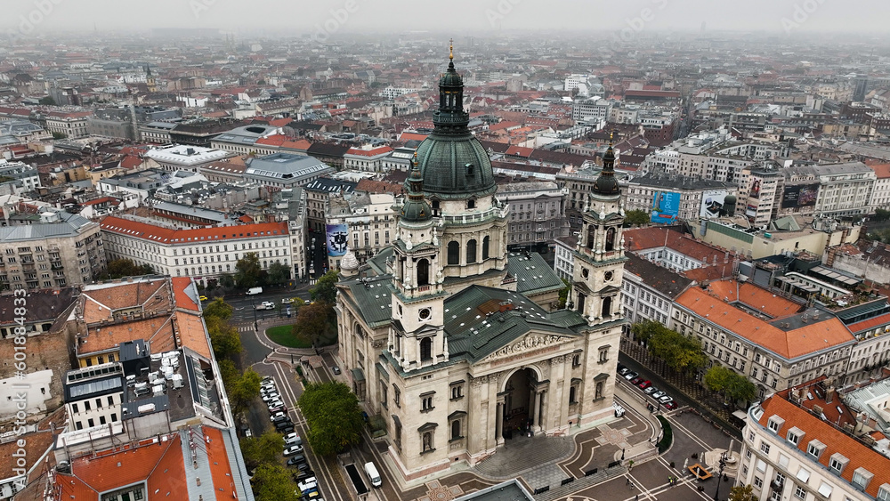 Fototapeta premium Aerial view shot of St. Stephens Basilica, cloudy day, moody Budapest, Hungary