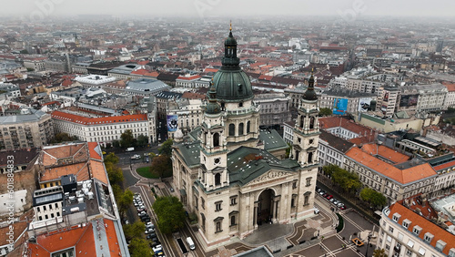 Aerial view shot of St. Stephens Basilica, cloudy day, moody Budapest, Hungary