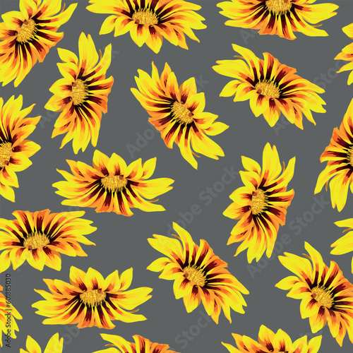 Seamless pattern with buds of orange gazania flowers on a gray background 