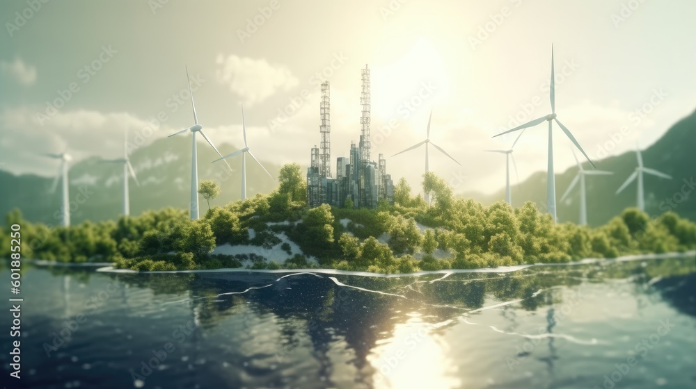 Photo of a scenic countryside with majestic windmills in the distance Photo of a scenic countryside with majestic windmills in the distance
