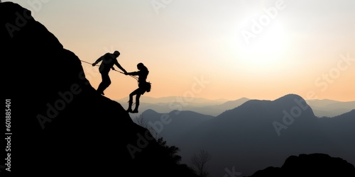 Photo of two climbers ascending a steep mountain slope, hope, work, superation