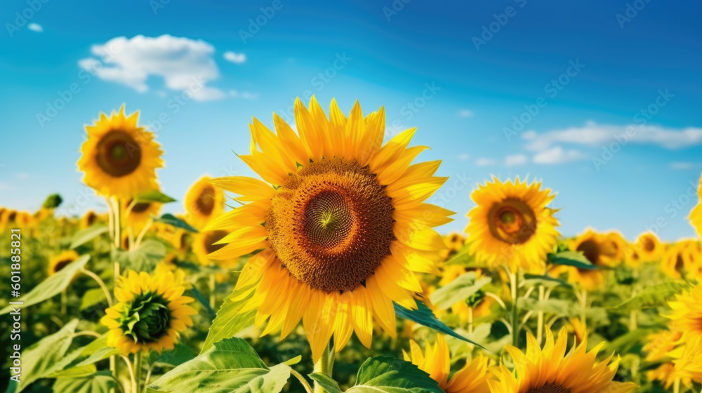 a yellow sunflower in the background blue sky in summer. Generative AI