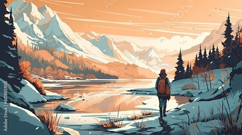 illustration of a young traveler with backpack standing in front of a lake in the alps in winter. Generative AI