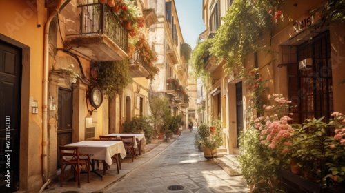 cozy little old street in summer in europe . Generative AI © jr-art