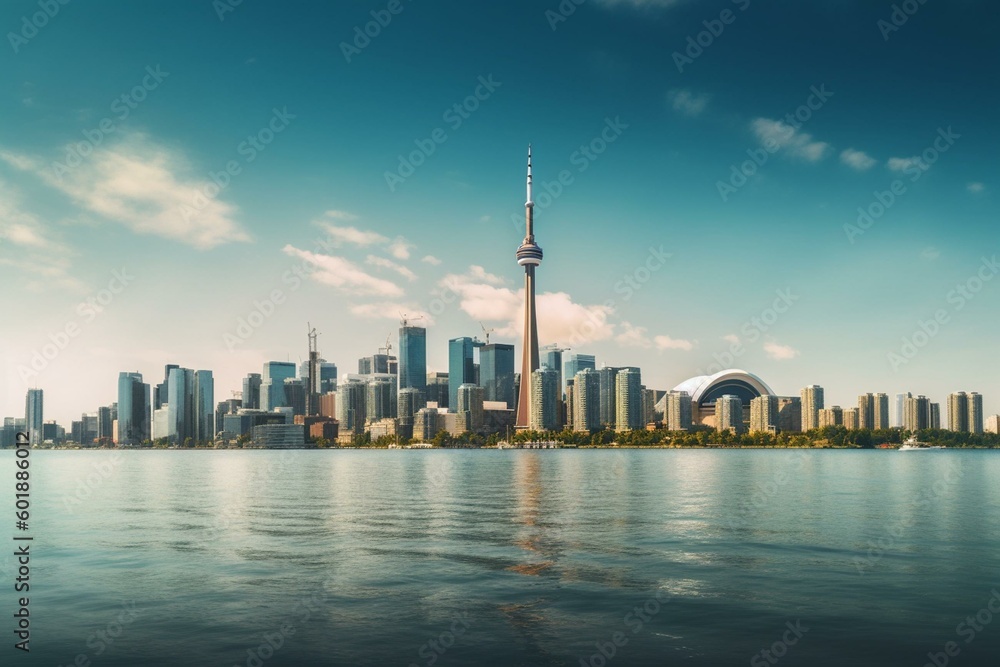 Scenic view of Toronto skyline dominated by the CN Tower. Generative AI