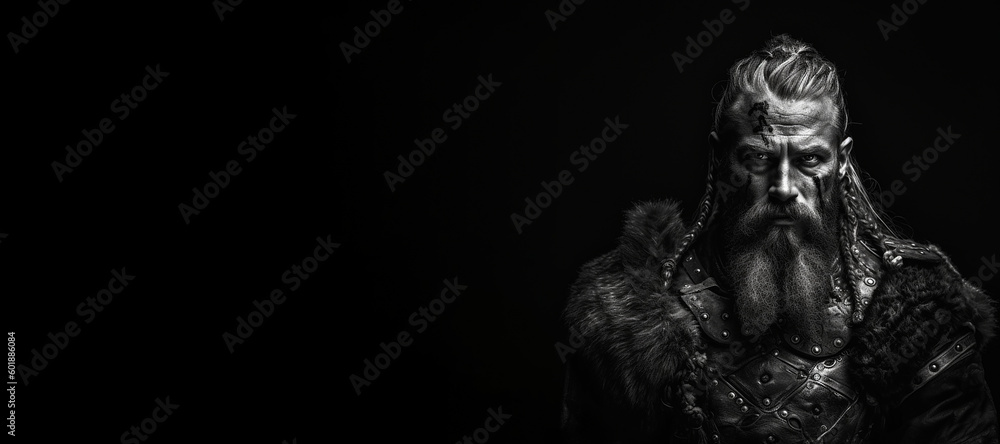 Black and white photorealistic studio portrait of a viking warrior on black background. Generative AI illustration Black and white photorealistic studio portrait of a viking warrior on black background. Generative AI illustration