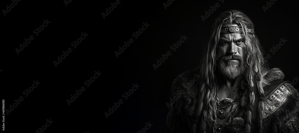 Black and white photorealistic studio portrait of a viking warrior on black background. Generative AI illustration Black and white photorealistic studio portrait of a viking warrior on black background. Generative AI illustration