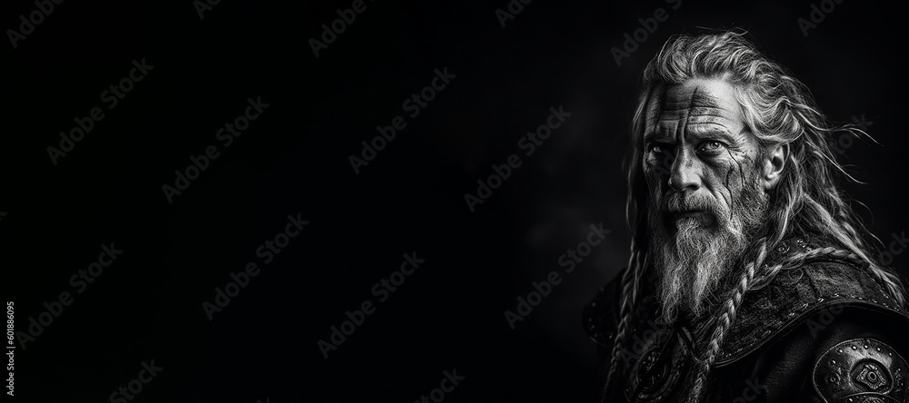 Black and white photorealistic studio portrait of a viking warrior on black background. Generative AI illustration Black and white photorealistic studio portrait of a viking warrior on black background. Generative AI illustration