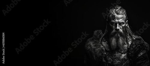 Black and white photorealistic studio portrait of a viking warrior on black background. Generative AI illustration