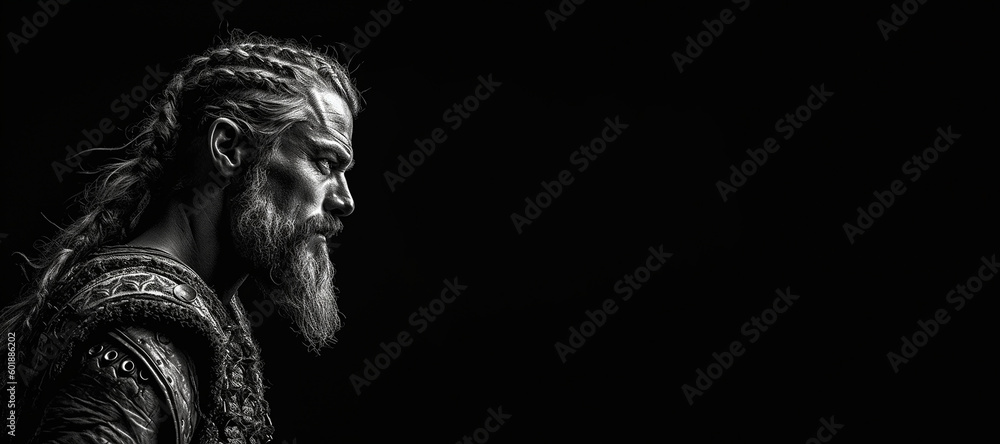 © JoelMasson - Black and white photorealistic studio portrait of a viking warrior on black background. Generative AI illustration