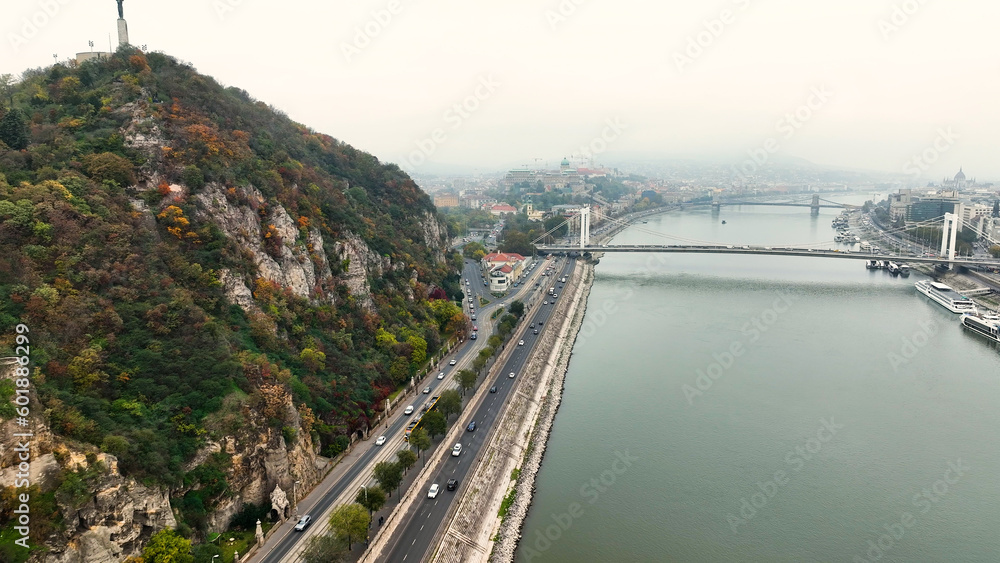 Establishing Aerial View Shot of Budapest, Hungary. Elisabeth Bridge or Erzsebet hid is the third newest bridge of Budapest, connecting Buda and Pest