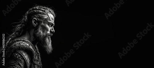 Black and white photorealistic studio portrait of a viking warrior on black background. Generative AI illustration © JoelMasson